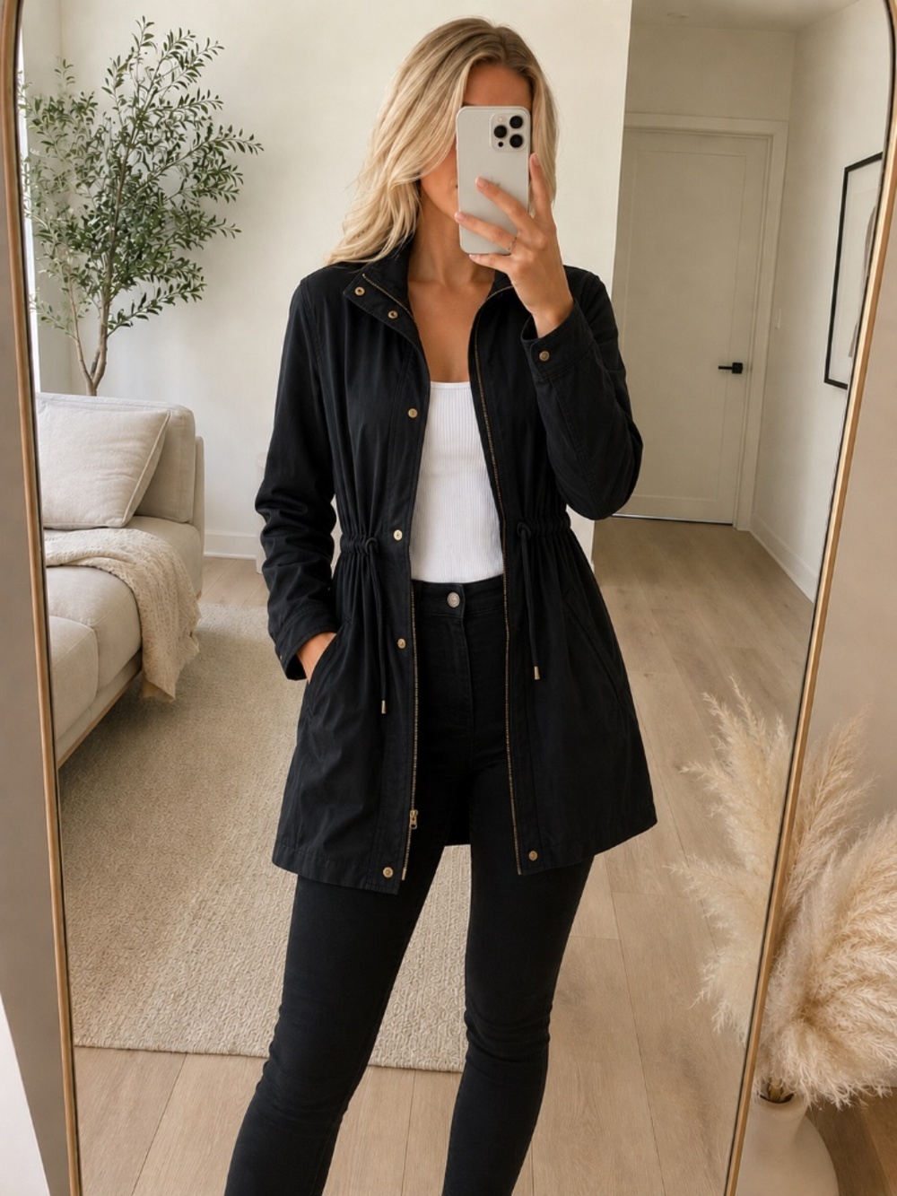 NWT Black Drawstring Waist Utility Coat High Low Small